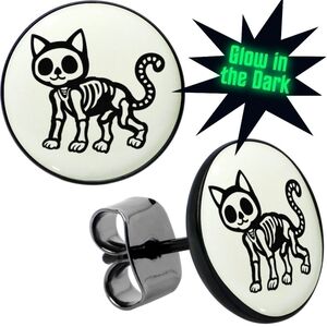 Black Anodized Skeleton Kitty Cat Glow in the Dark Stud Earrings by Onyx O.
